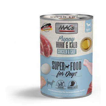 Dose MAC's Puppy Chicken & Calf Hundefutter, getreidefrei, hoher Fleischanteil, hergestellt in Deutschland.
